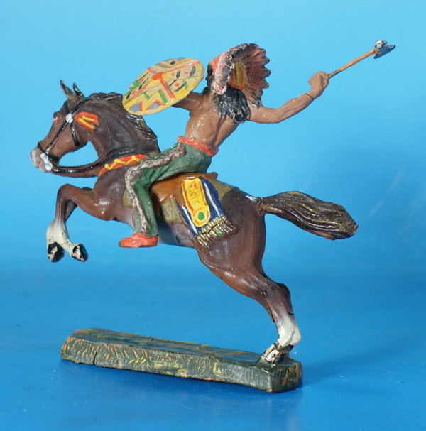 ELASTOLIN Indianer mit Tomahawk zu Pferd um1930 Masse WE181