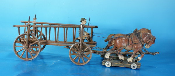 LINEOL Leiterwagen mit Pferden um 1920 Blech/Masse L980B