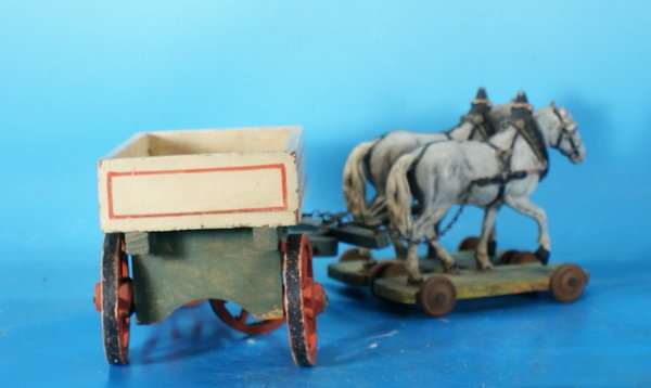 ELASTOLIN Kastenwagen mit 2 Pferden um 1920 Masse E0993