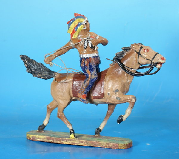 ELASTOLIN Indianer mit Lasso zu Pferd 11 cm um 1920 Masse WE 1046L